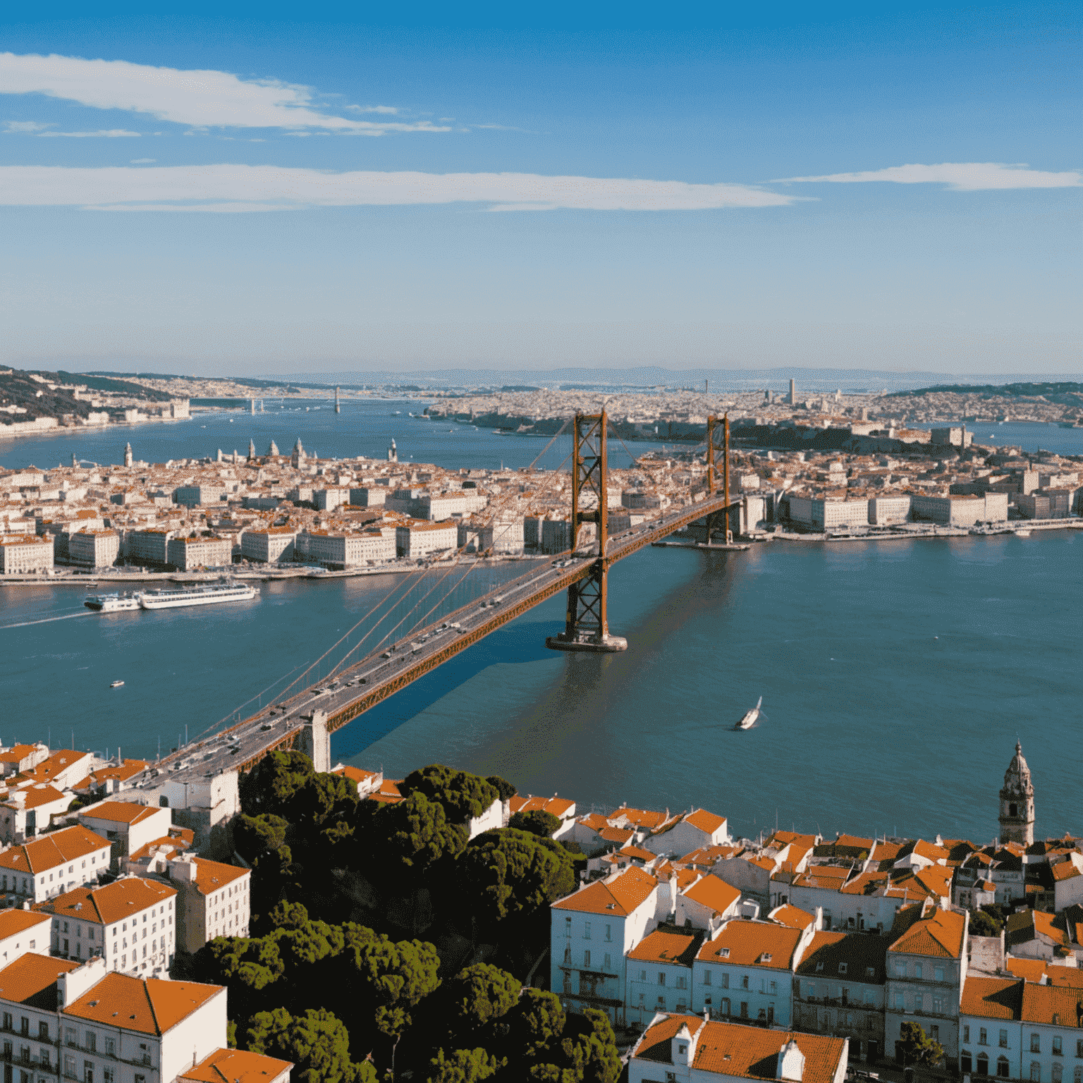 Uma imagem panorâmica de Lisboa, Portugal, com o rio Tejo e a Ponte 25 de Abril em destaque, simbolizando as origens do luckygold777_com