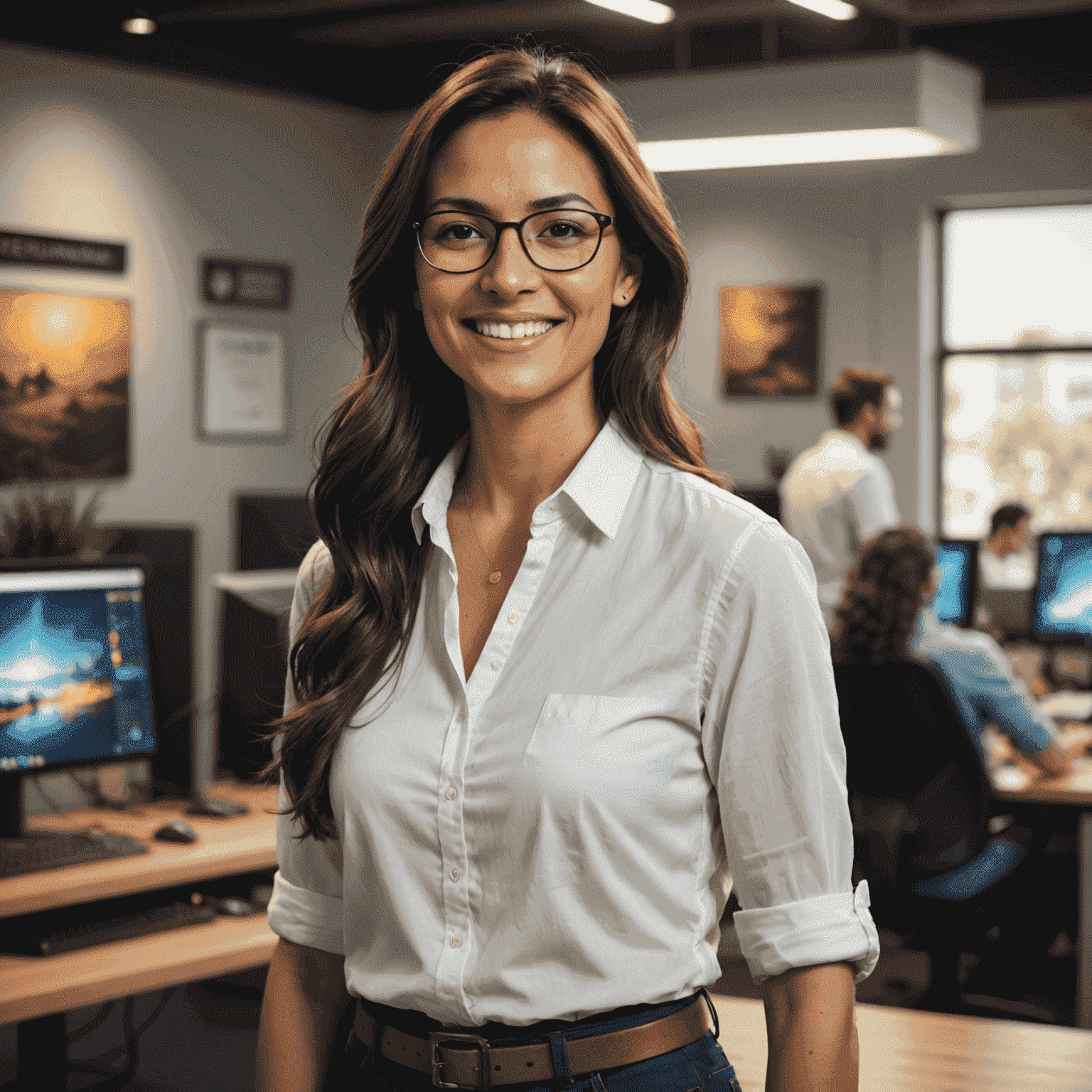 Foto de Maria Santos, Diretora de Desenvolvimento de Jogos. Mulher jovem com cabelos castanhos longos, usando óculos e uma camisa branca, sorrindo de forma amigável.