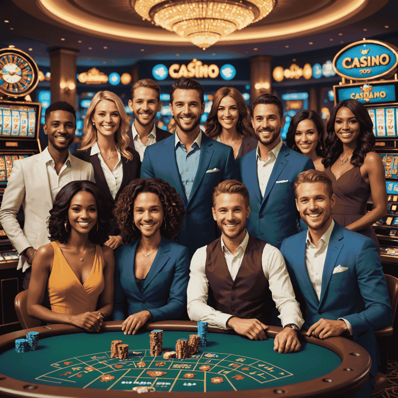 Um grupo diversificado de avatares sorridentes em frente a uma variedade de jogos de casino virtuais, representando uma comunidade de casino social feliz e respeitosa