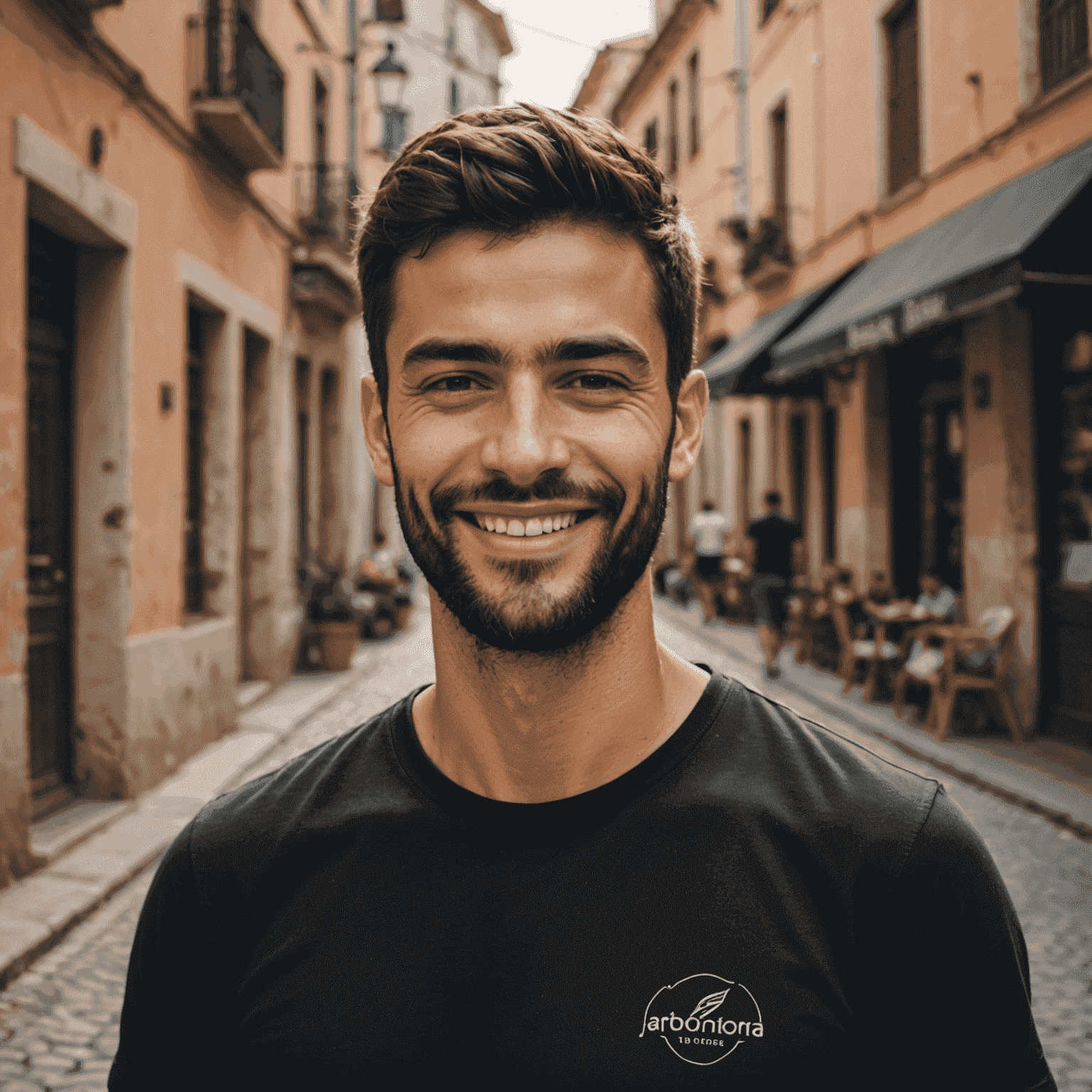 Foto de António Ferreira, Gerente de Comunidade. Homem jovem com barba curta, usando uma camiseta preta e sorrindo de forma calorosa.