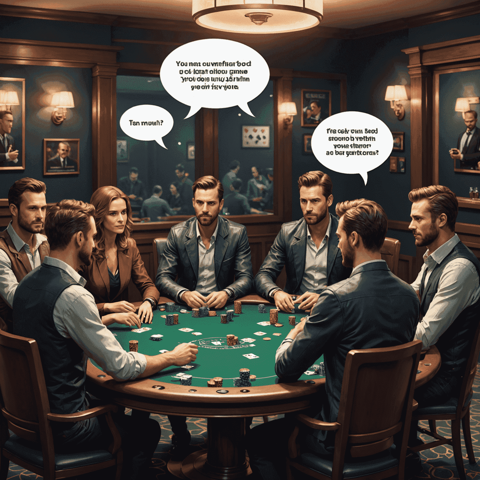 Ilustração de avatares de jogadores interagindo em uma mesa de poker virtual, com balões de fala mostrando exemplos de boa e má etiqueta